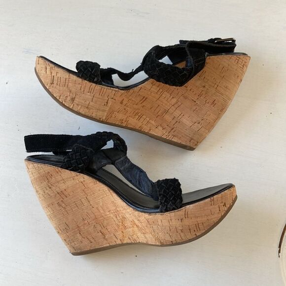 BP. Black Braided Leather T-Strap Platform Cork Wedge Sandals Size 8M - Picture 7 of 16